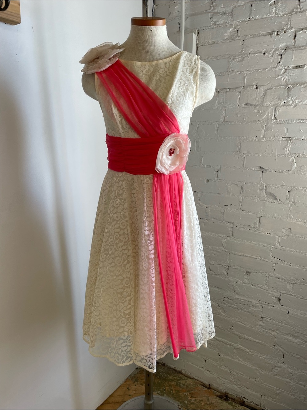 1960s White Lace Dress with Peony Pink Sash and Flower Accents